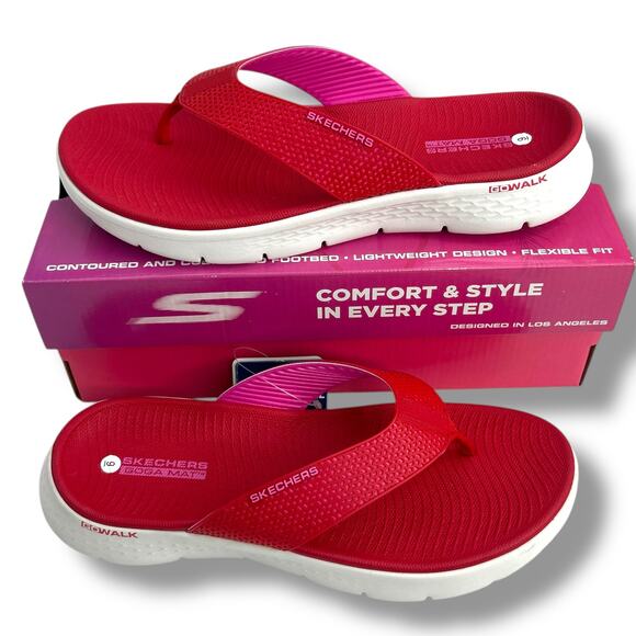 NEW Skechers Go Walk Flex Sandal Size 9 Eve 141457 Red Toe Post Flip Flops - Picture 4 of 13